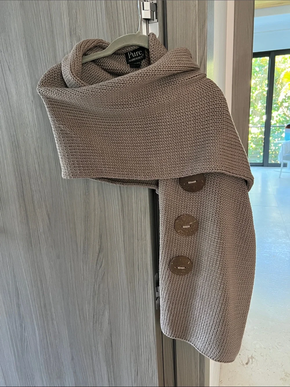PURE HANDKNIT OS scarf taupe w/ coconut shell buttons 100% cotton